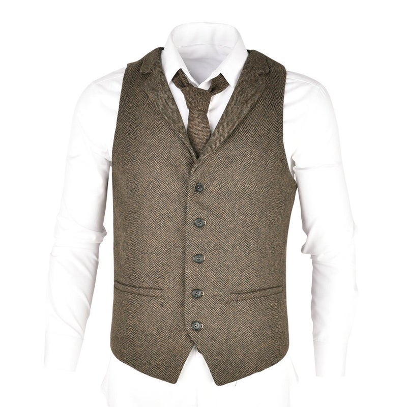 VOBOOM Mens Herringbone Tailored Collar Waistcoat Fullback Wool Tweed Suit Vest (Khaki, X-Large) - Image 2